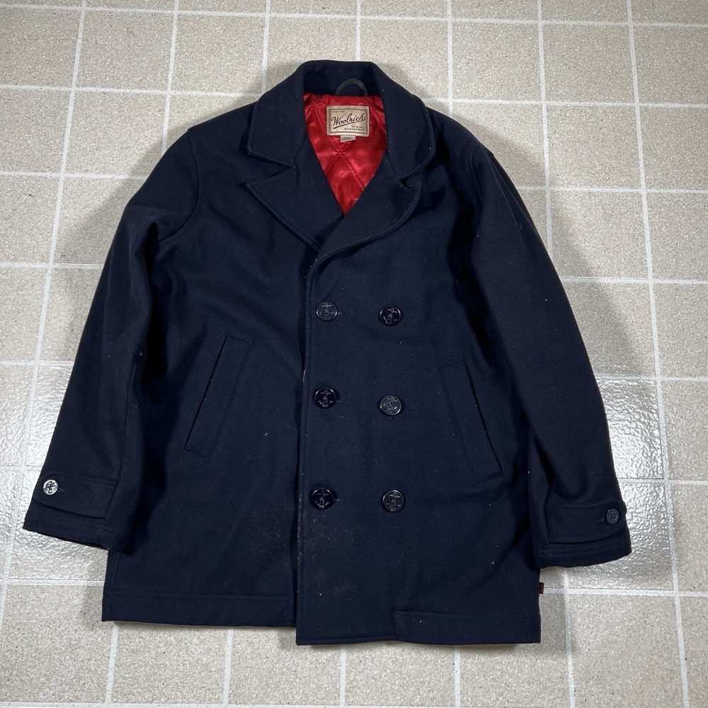 RARE WOOLRICH MENS NAVY DOUBLE BREASTED WOOL PEA COAT JACKET NAVAL MEDIUM LINED